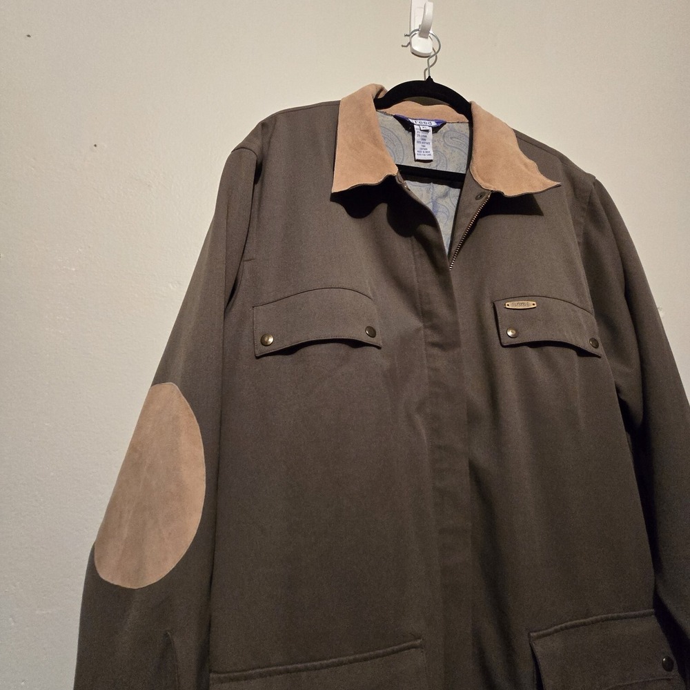 Austin Reed Field Jacket XL‎ Chore Barn Coat Olive Leather Collar Elbow Gorpcore - Picture 2 of 16